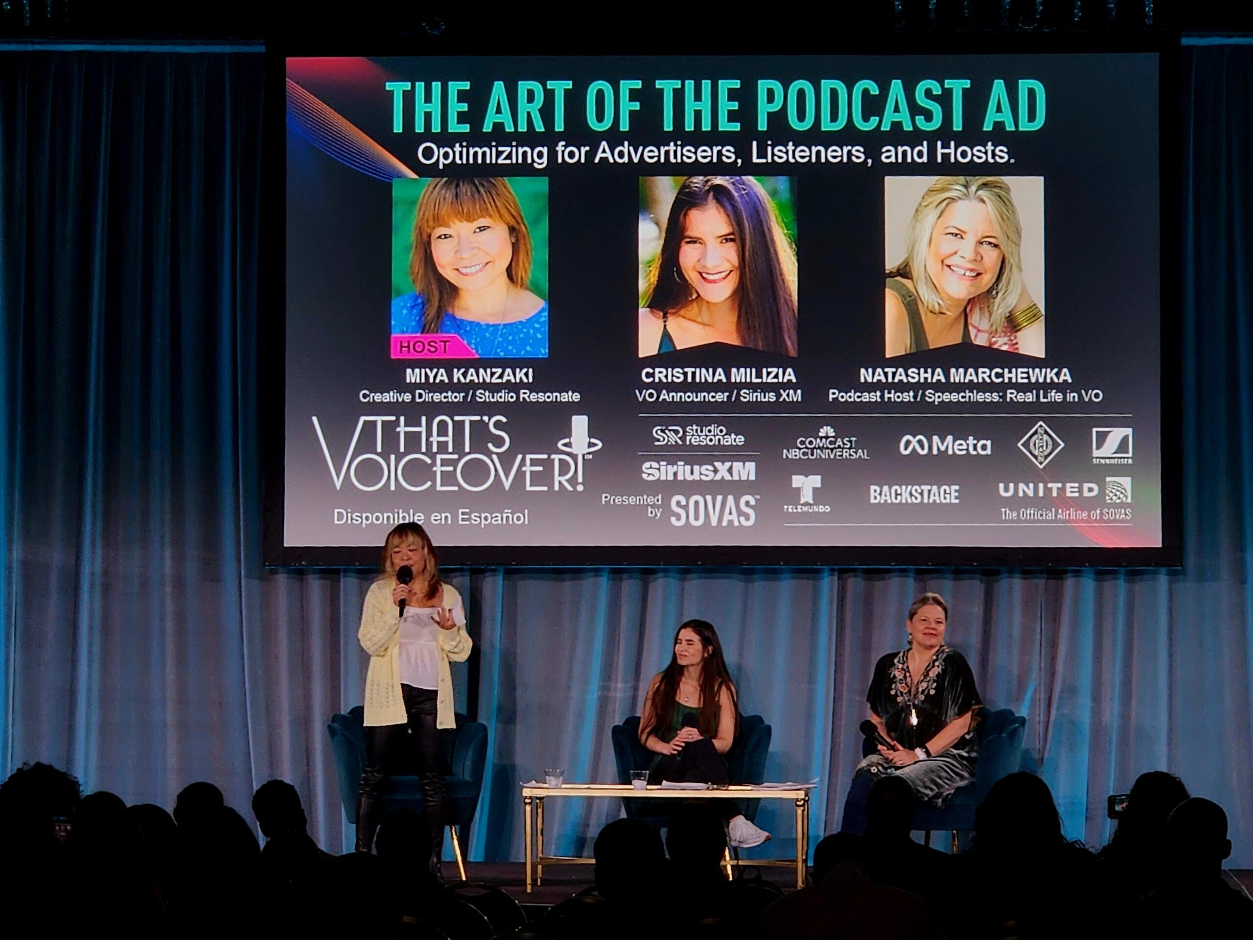 Miya Kanzaki, Cristina Milizia, and Natasha Marchewka at “That’s Voiceover” in Los Angeles. “The Art of the Podcast Ad” Panel, Hilton Los Angeles Airport.